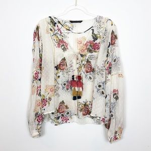 Zara • Boho Floral Open Tassle Blouse • M